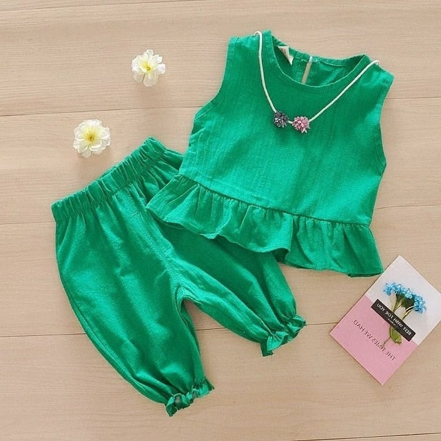 Green Cute Sleeveless Floral Girl Set