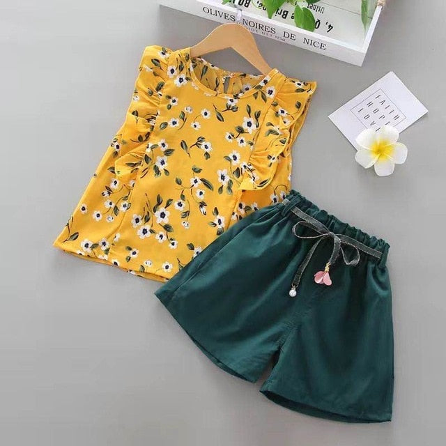 Green Cute Sleeveless Floral Girl Set